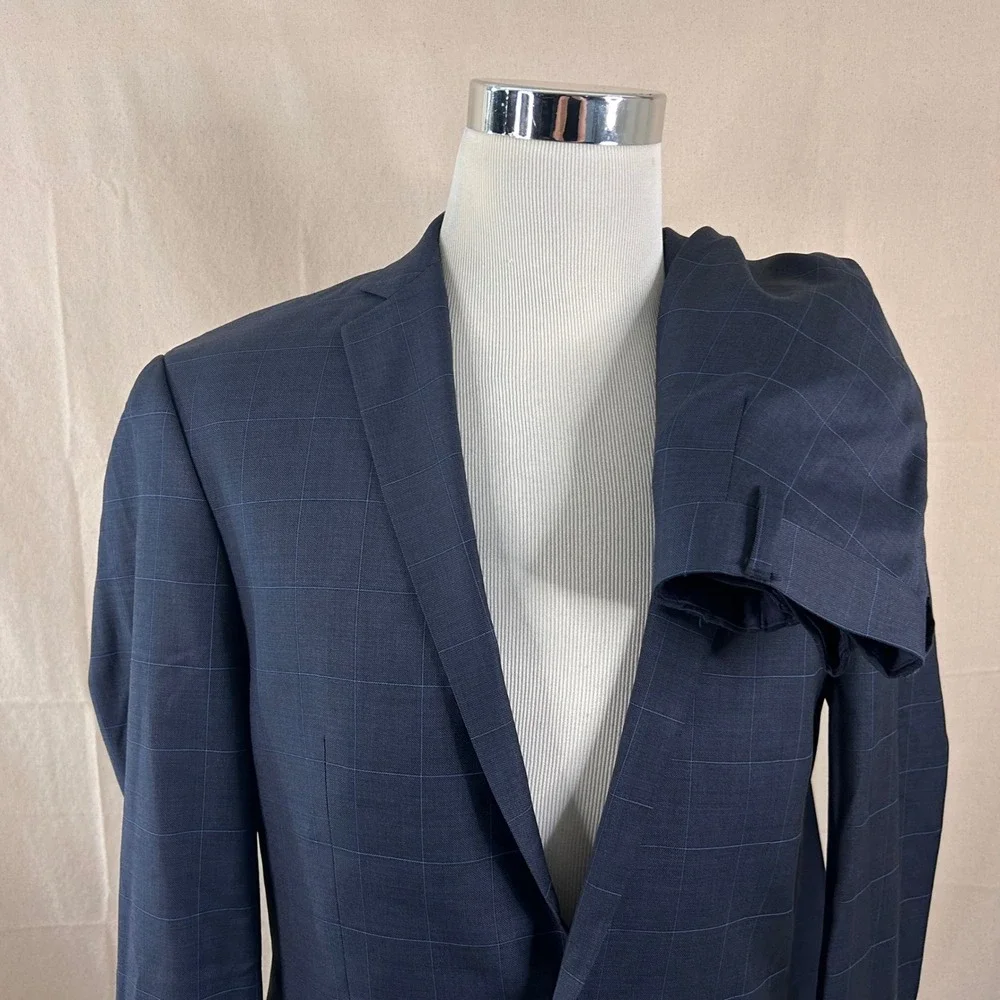 Charles Tyrwhitt 40R Suit 36x31 Wool Navy Windowpane Two Button Double Vented